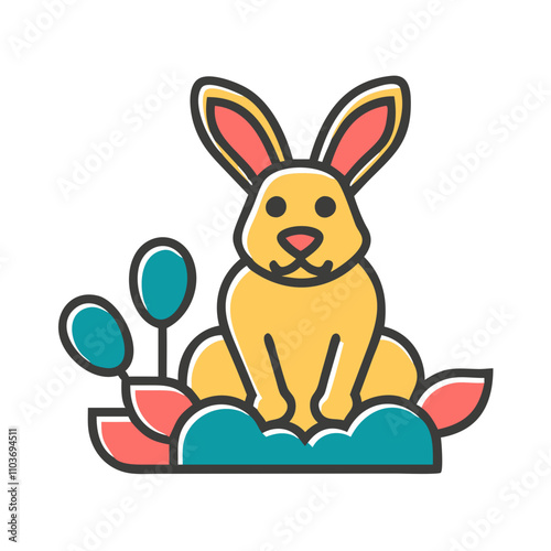 Good icon. Colorful rabbit illustration, cheerful mood, sitting among flowers, cartoon style, copy space