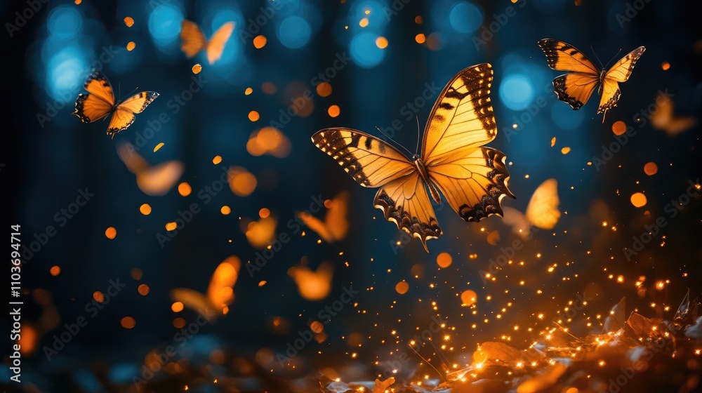 Golden butterflies dance through a mystical forest at night, creating a captivating scene adorned with shimmering bokeh lights and ethereal glow.