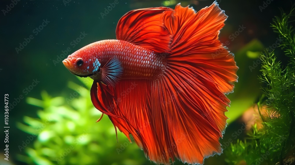 A Vibrant Red Betta Fish Swimming Gracefully Amidst Lush Green Aquatic Plants A Vibrant Red Betta Fish Swimming Gracefully Amidst Lush Green Aquatic Plants