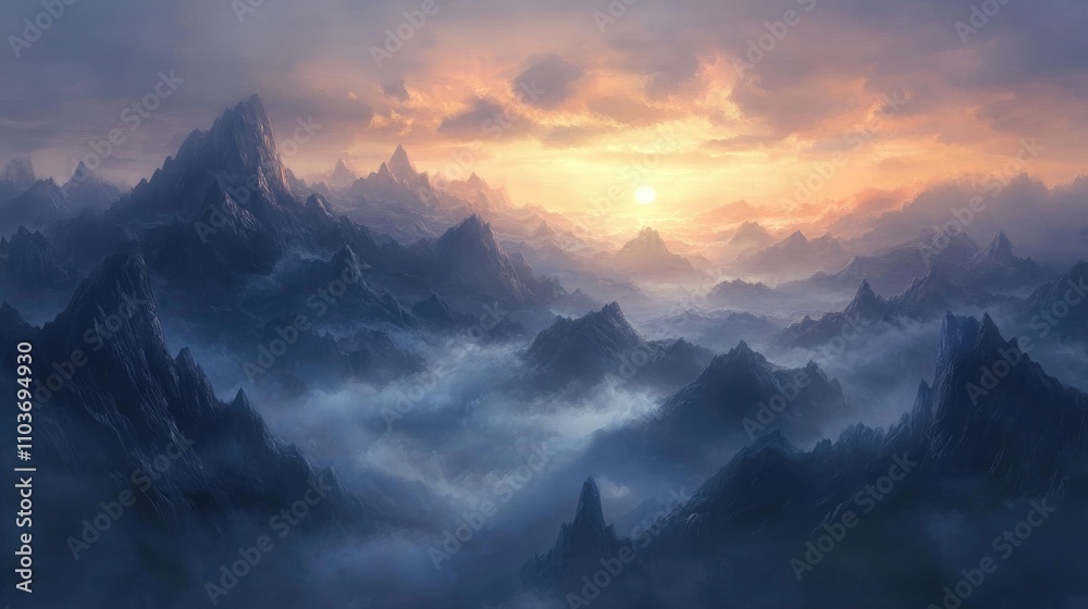 Misty mountains illuminated by soft dawn sunlight, showcasing a serene landscape of peaks and valleys shrouded in delicate fog. Misty mountains illuminated by soft dawn sunlight, showcasing a serene landscape of peaks and valleys shrouded in delicate fog.