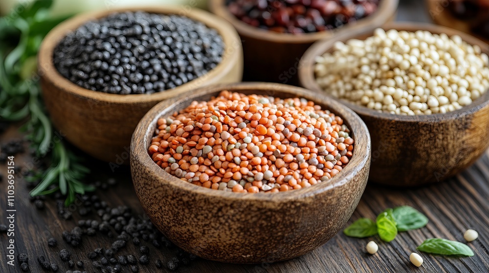 A variety of colorful grains displayed in rustic wooden bowls, with vibrant hues and textures, conveying a sense of nourishment and the beauty of natural abundance. A variety of colorful grains displayed in rustic wooden bowls, with vibrant hues and textures, conveying a sense of nourishment and the beauty of natural abundance.