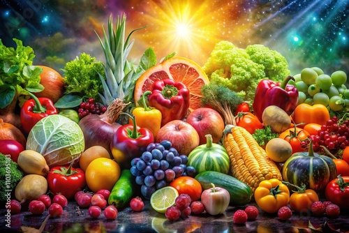 Double Exposure Organic Fruits & Veggies Food Background