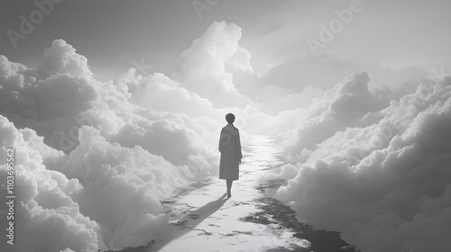 Navigating Dysthymia: An Individual's Slow Walk Along a Winding Gray Path Shrouded in Thick Clouds of Emotional Turmoil photo