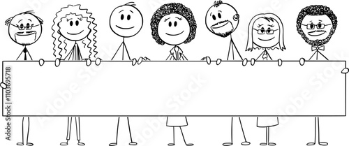 Big smiling multiracial diverse team holding empty sign , vector cartoon stick figure or character illustration.