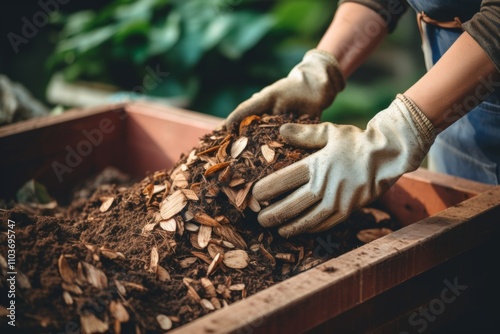 Gardener gloved hands holding wood chips and mulch for plant biofertilizer and processing waste