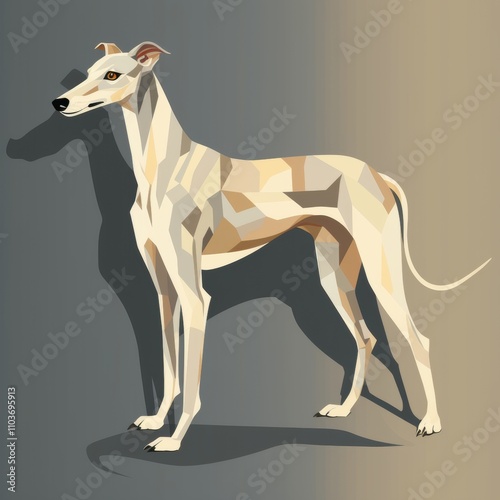 Elegant Greyhound in Geometric Style with Soft Colors, Showcasing a Unique Artistic Representation and Captivating Shadow for Modern Art Lovers