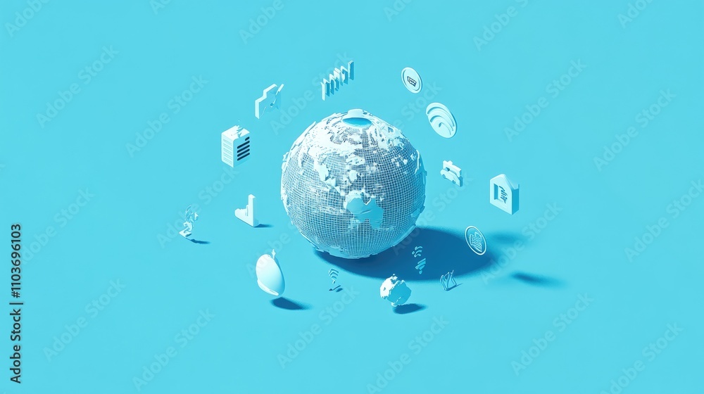 Obraz premium An isometric 3D illustration of a networked globe, surrounded by floating icons representing global connectivity; clean vector style, light blue tone