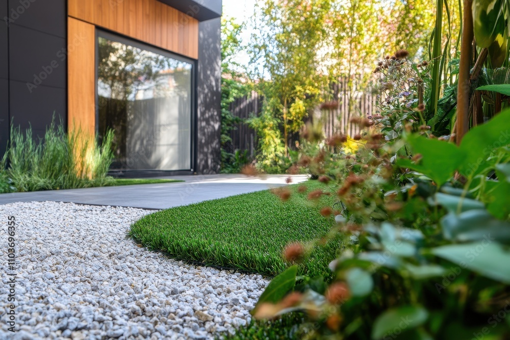 Fototapeta premium Ornamental garden surface with synthetic turf pebbles and exposed aggregate