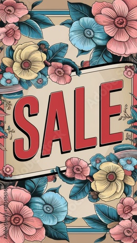 Blooming sale sign with colorful flowers and leaves
