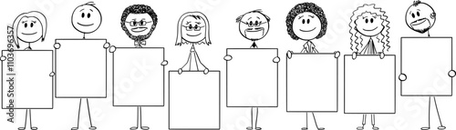 Big smiling multiracial diverse team holding empty sign , vector cartoon stick figure or character illustration.