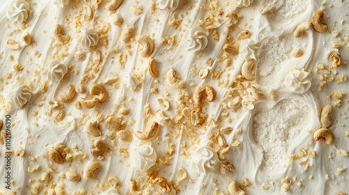 A close-up of a creamy dessert topped with cashews and decorative swirls.