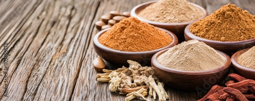 A collection of colorful spices in bowls on a rustic wooden surface, showcasing a variety of textures and colors.