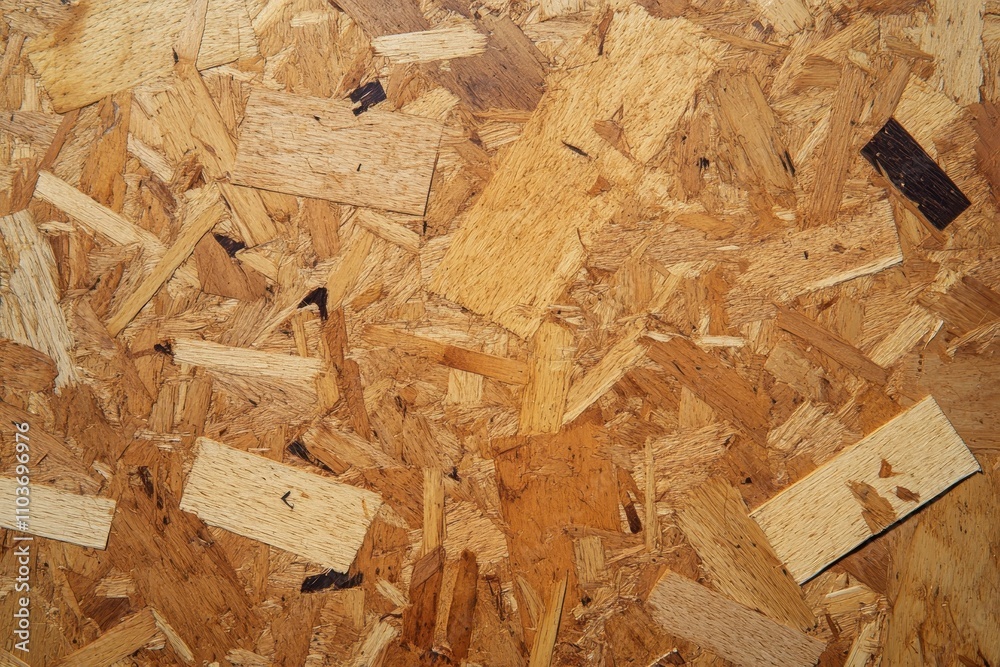 OSB panels are crafted from brown wood chips smoothed into a wood like surface Aerial perspective of OSB veneer shows tight continuous textures
