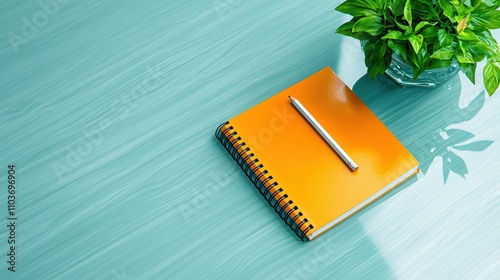 Aesthetic spiral notebook and pencil on a tidy desk symbolizing organization and simplicity in design.  photo