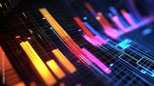 Colorful digital graph showcasing essential business performance indicators with a dynamic blend of neon orange, pink, and blue bar charts against a dark background.