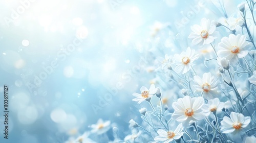 Icy wildflowers in a serene winter field, adorned with frost against a soft blue and white backdrop, inviting tranquility and space for text.