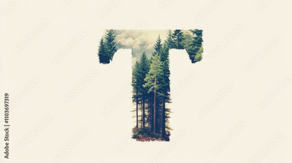 Hipster letter T designed in a wilderness font featuring lush green trees, embodying the spirit of outdoor adventure and nature exploration. Hipster letter T designed in a wilderness font featuring lush green trees, embodying the spirit of outdoor adventure and nature exploration.