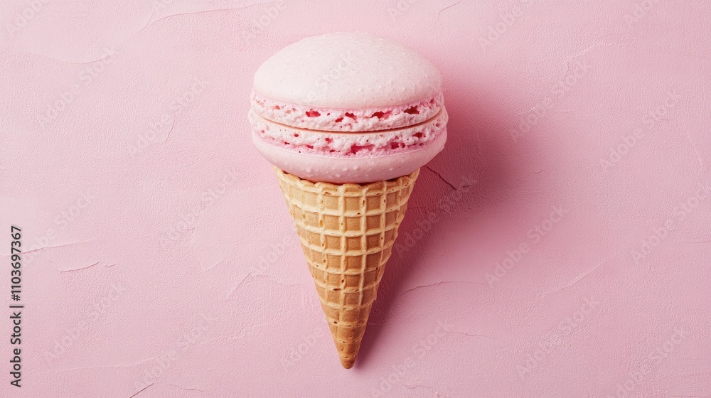 Waffle cone with a pink macaron atop, set against a soft pastel pink background, showcasing a delightful dessert arrangement from above. Waffle cone with a pink macaron atop, set against a soft pastel pink background, showcasing a delightful dessert arrangement from above.