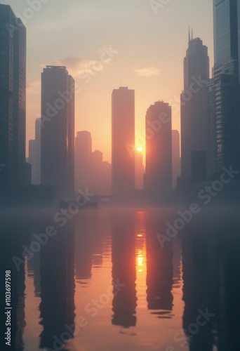 A breathtaking sunrise casts a warm glow over a misty city skyline, where towering skyscrapers rise majestically against a backdrop of soft pastel hues. The shimmering reflections in the water create