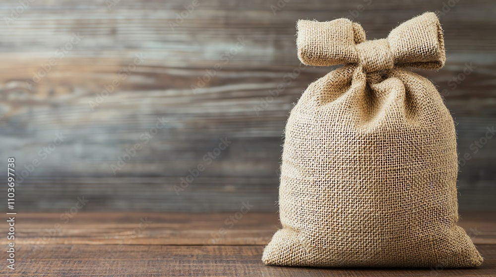 Rustic burlap sack on wooden table, perfect for organic or eco-friendly theme, with natural textures and earthy tones.