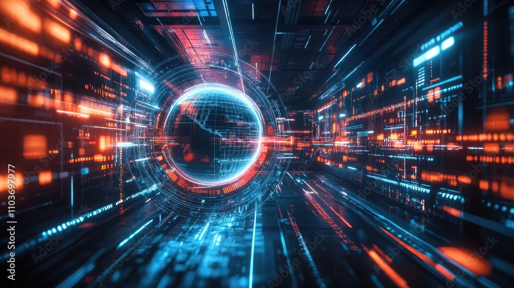 Fototapeta premium An illuminated digital Earth spinning in a virtual interface, surrounded by data streams and light particles; VR-inspired style, vibrant colors, futuristic