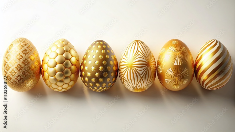 Fototapeta premium Minimalist Easter Composition Featuring Golden Decorated Eggs in a Row on a White Background, Perfect for a Happy Easter Card with Ample Copy Space for Text, Top View Flatlay