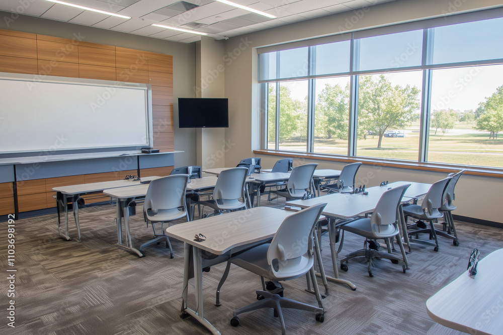 Modern classroom with desks, chairs, and whiteboard