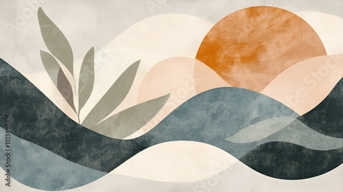 Abstract Landscape with Sunset Hues and Minimalist Foliage
