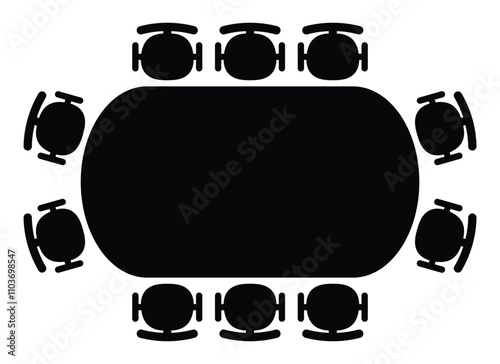 Business meeting table vector icon. Conference table and chairs. Chairs around long table. Ideal for office, corporate, or teamwork concepts. Black silhouette isolated on white background.