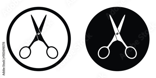 Scissors vector icon set. Cutting tool symbol. Open scissors in a circle. Flat style, black silhouette isolated on white background.