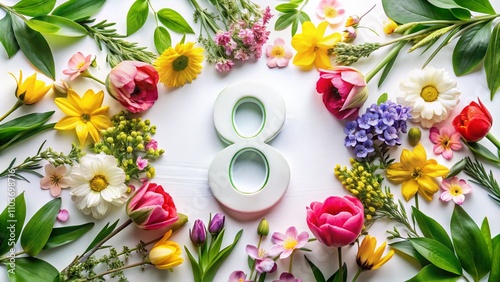 Minimalist Flat Lay of the Number 8 Surrounded by Fresh Spring Flowers and Green Leaves on a Bright White Background for Women’s Day or Birthday Celebrations