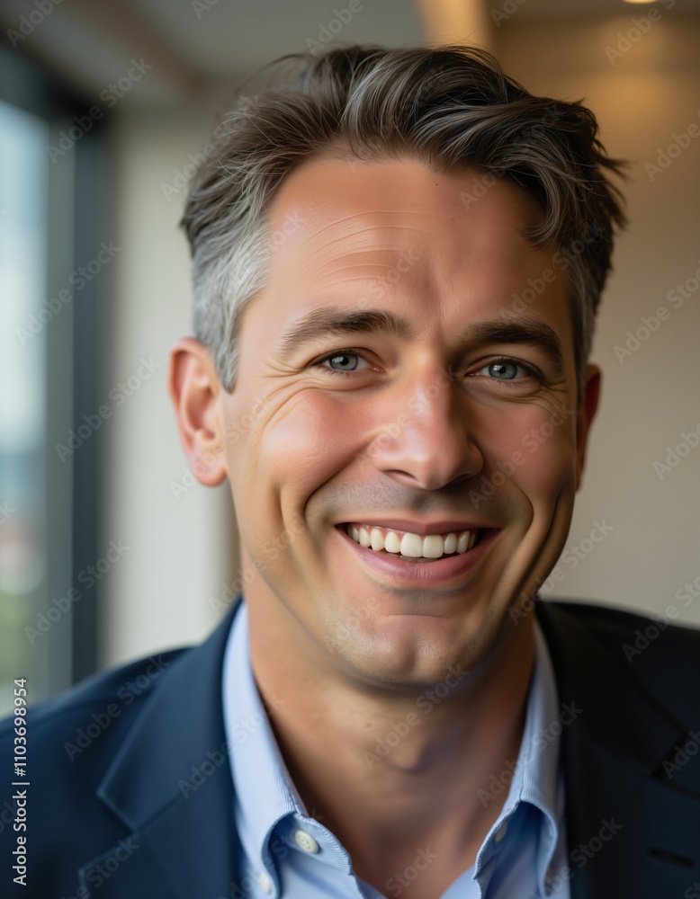 Smiling businessman showing happiness and confidence in office environment Smiling businessman showing happiness and confidence in office environment