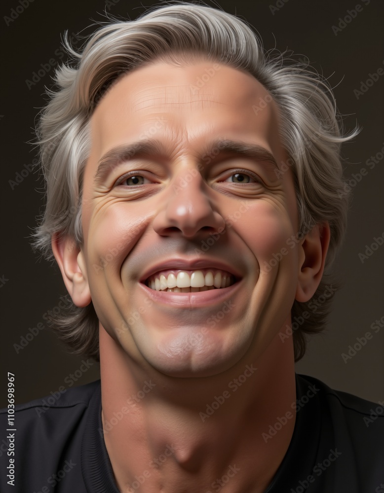 Handsome mature man smiling with gray hair and black shirt on dark background Handsome mature man smiling with gray hair and black shirt on dark background