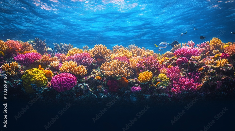Naklejka premium Here's a possible and keyword list for your stock photo.. Vibrant coral reef teeming with marine life under a sunlit ocean.