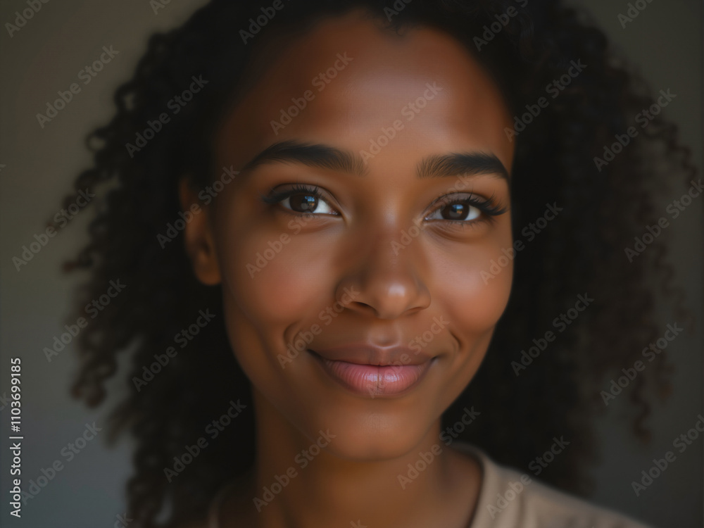Portrait of smiling young woman with afro hairstyle showing happiness and confidence Portrait of smiling young woman with afro hairstyle showing happiness and confidence