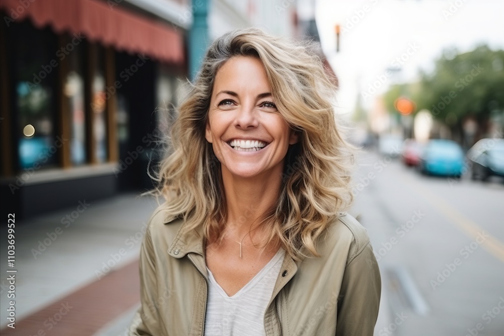 Portrait of a beautiful middle-aged woman smiling in the city Portrait of a beautiful middle-aged woman smiling in the city