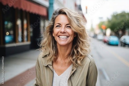 Portrait of a beautiful middle-aged woman smiling in the city