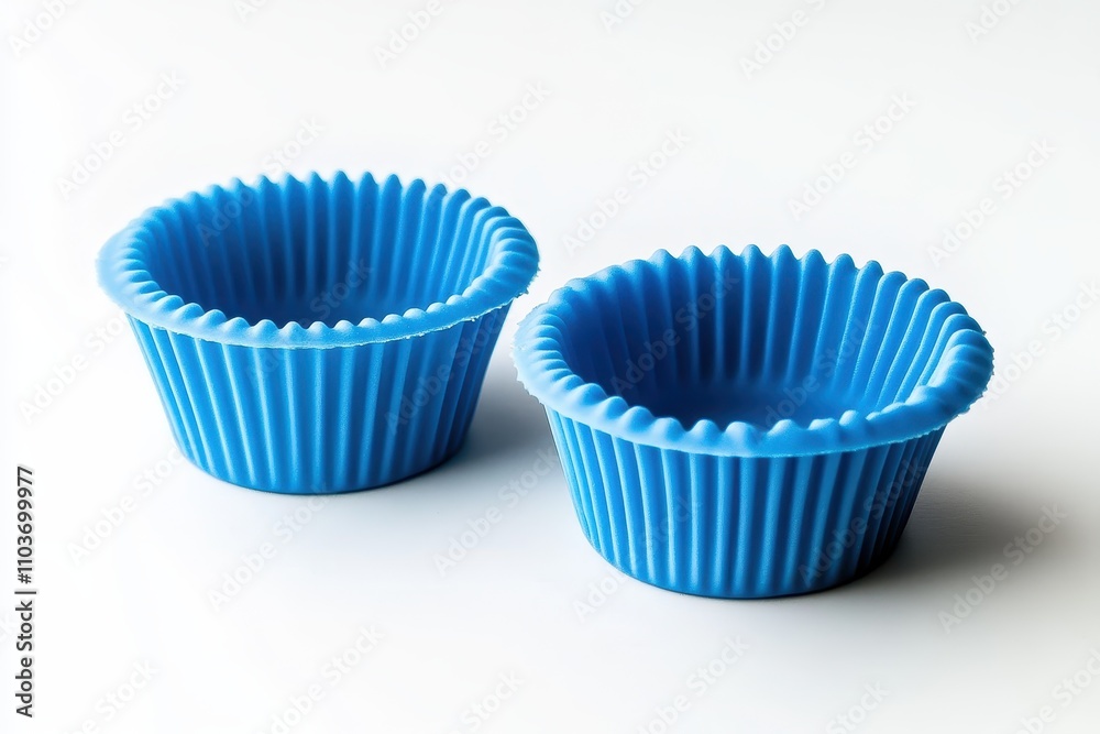 Pair of blue silicone cupcake molds on a white surface Pair of blue silicone cupcake molds on a white surface