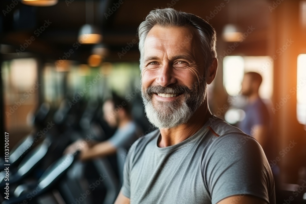 Energetic middle aged man with gray beard smiling in vibrant fitness studio setting Energetic middle aged man with gray beard smiling in vibrant fitness studio setting