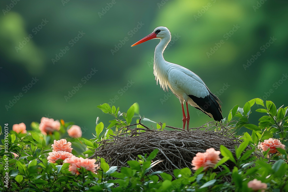 Fototapeta premium Elegant and poised, the stork stands as a symbol of grace and new beginnings. With its slender frame and striking plumage, this majestic bird embodies the beauty of wetlands and open skies.