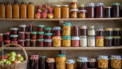 Illustration of home canned and preserved fruits vegetables pickles and jams or prepping for natural disasters