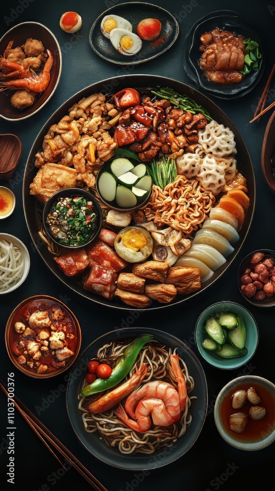 Fototapeta premium Top view composition of various asian food in bowl. chinese food. Ultra realistic. Photorealistic hypermaximalist advertising photography hyper realistic fine detail