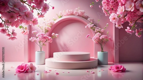 Minimalistic Podium Surrounded by Lush Pink Flowers for Elegant Product Presentation in a Surreal Setting Highlighting Beauty and Simplicity