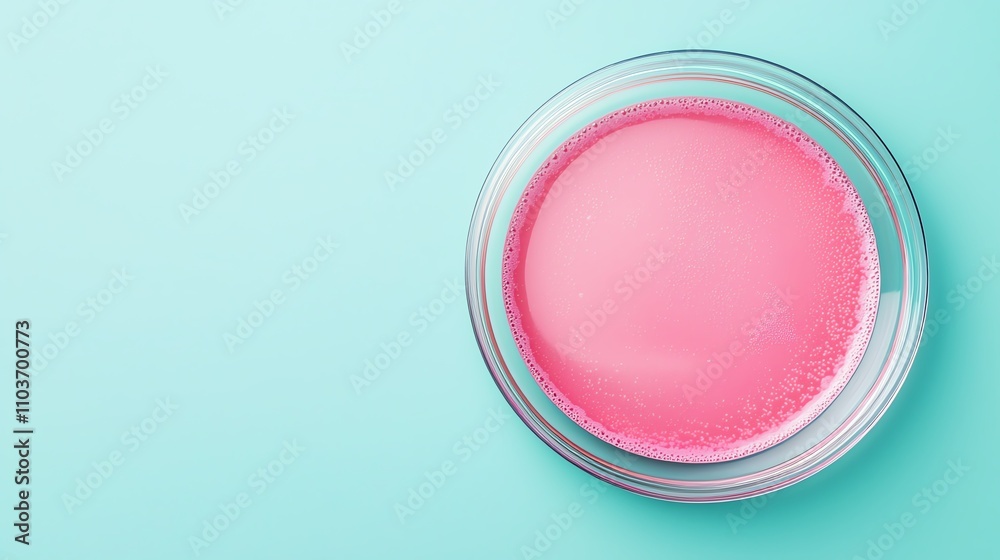 Top view of a pink solution in a petri dish on a turquoise background, representing medical research concept. Top view of a pink solution in a petri dish on a turquoise background, representing medical research concept.