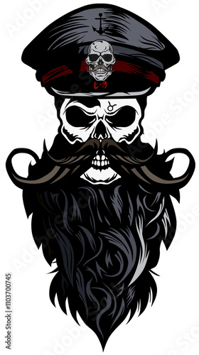 Tête de mort à moustache et barbe hipster skull moustachu et crane barbu kepi signe taureau