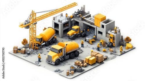 Fototapeta Naklejka Na Ścianę i Meble -  Isometric view of a construction site with machinery, workers, and materials.