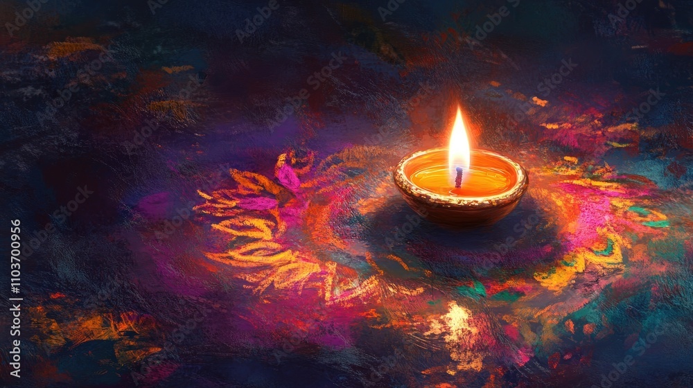 Glowing diya lamp illuminated at night surrounded by a vibrant rangoli design, perfect for festive celebrations and holiday greetings. Glowing diya lamp illuminated at night surrounded by a vibrant rangoli design, perfect for festive celebrations and holiday greetings.
