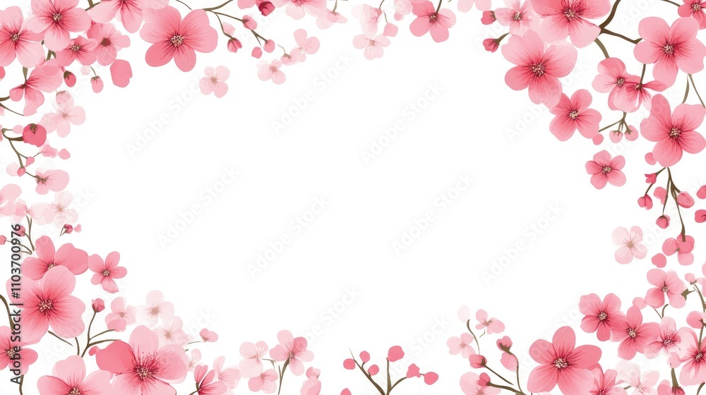 Vibrant pink flowers elegantly frame a blank white background, perfect for text display and adding a touch of charm to any design. Vibrant pink flowers elegantly frame a blank white background, perfect for text display and adding a touch of charm to any design.