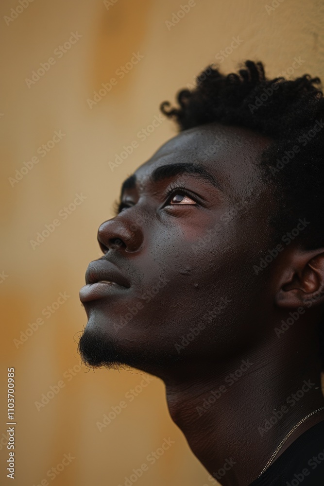 Portrait of a young man with contemplative expression gazing upwards, warm earthy tones backdrop, showcasing introspection, texture, and depththoughtful Portrait of a young man with contemplative expression gazing upwards, warm earthy tones backdrop, showcasing introspection, texture, and depththoughtful