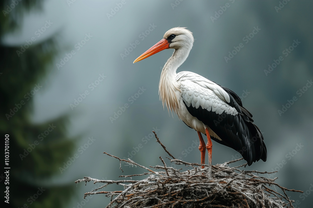 Fototapeta premium Elegant and poised, the stork stands as a symbol of grace and new beginnings. With its slender frame and striking plumage, this majestic bird embodies the beauty of wetlands and open skies.